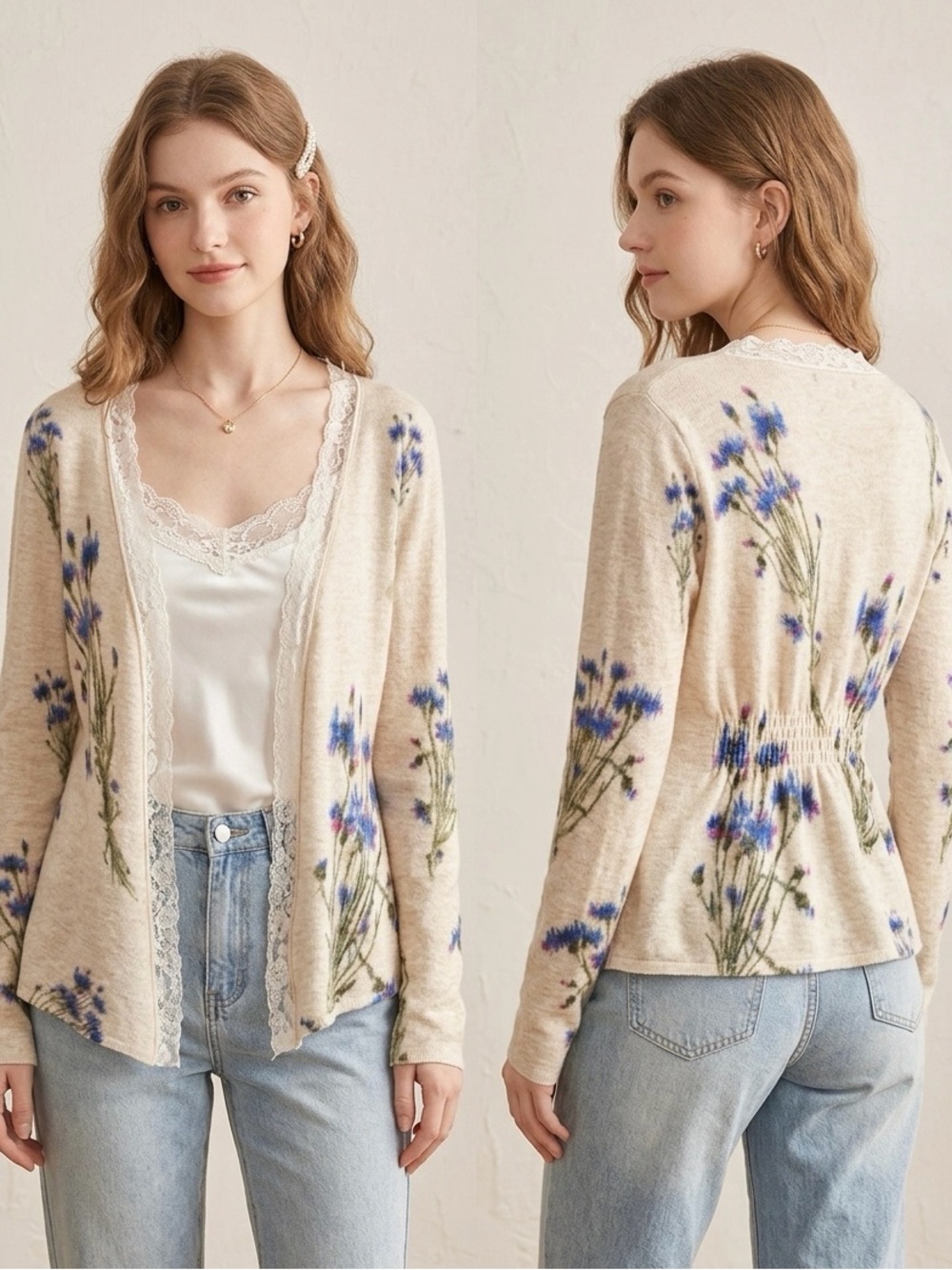 🌸 Anthropologie Knitted & Knotted Blue Floral Lace Trim Wool Cardigan L